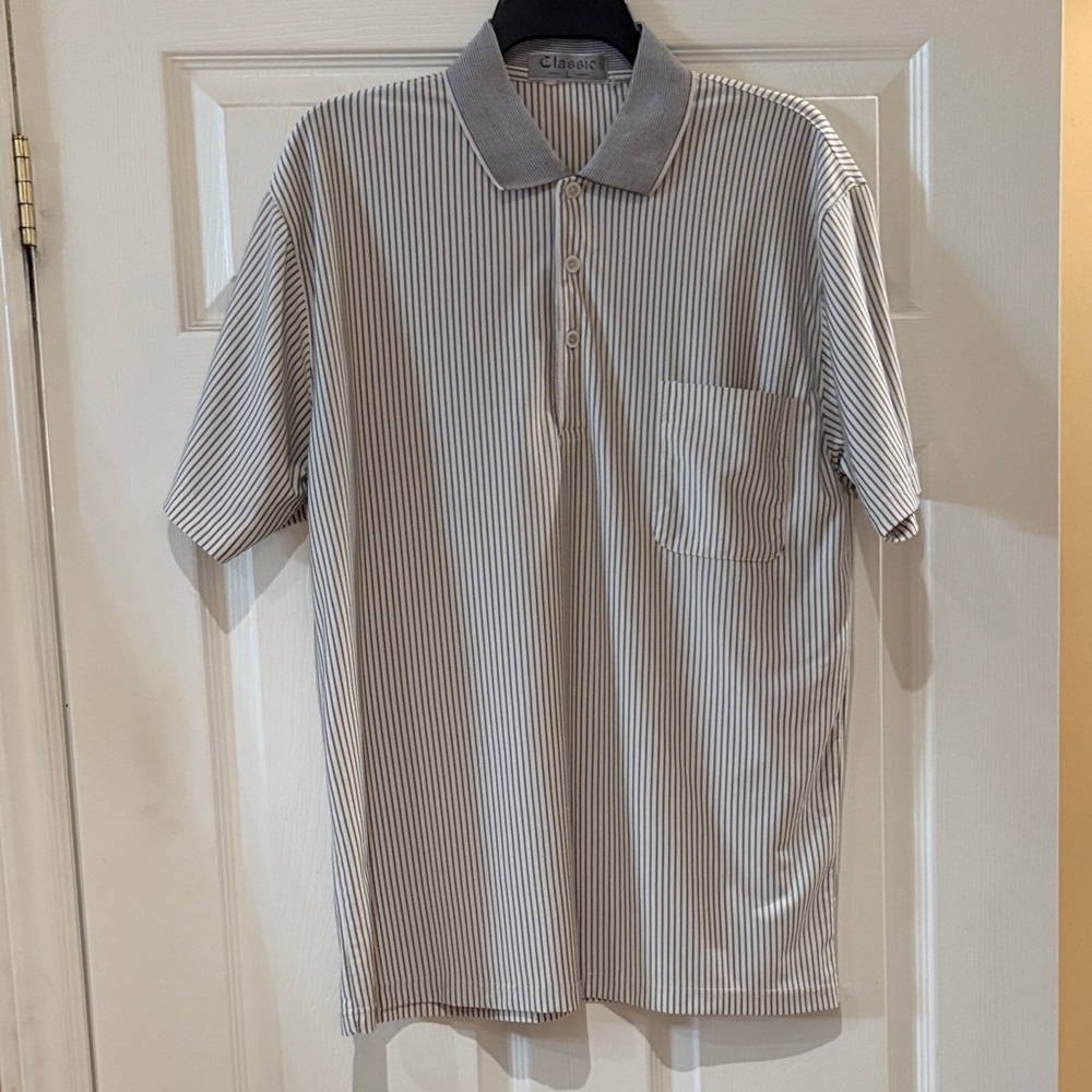 Classic Short-Sleeve Polo in Light Gray Pinstripe